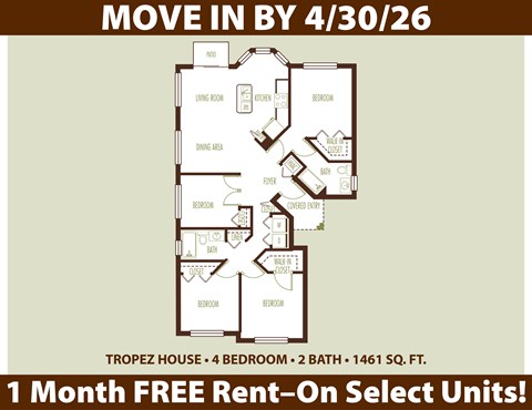 Floor plan for 4 beds, 2 baths, 1461 sqft